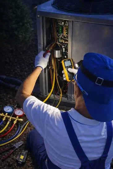 HVAC technician inspecting internal wiring and controls during furnace installation service