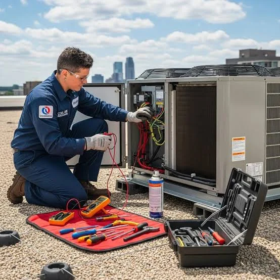 HVAC technician evaluating a large outdoor system for HVAC replacement